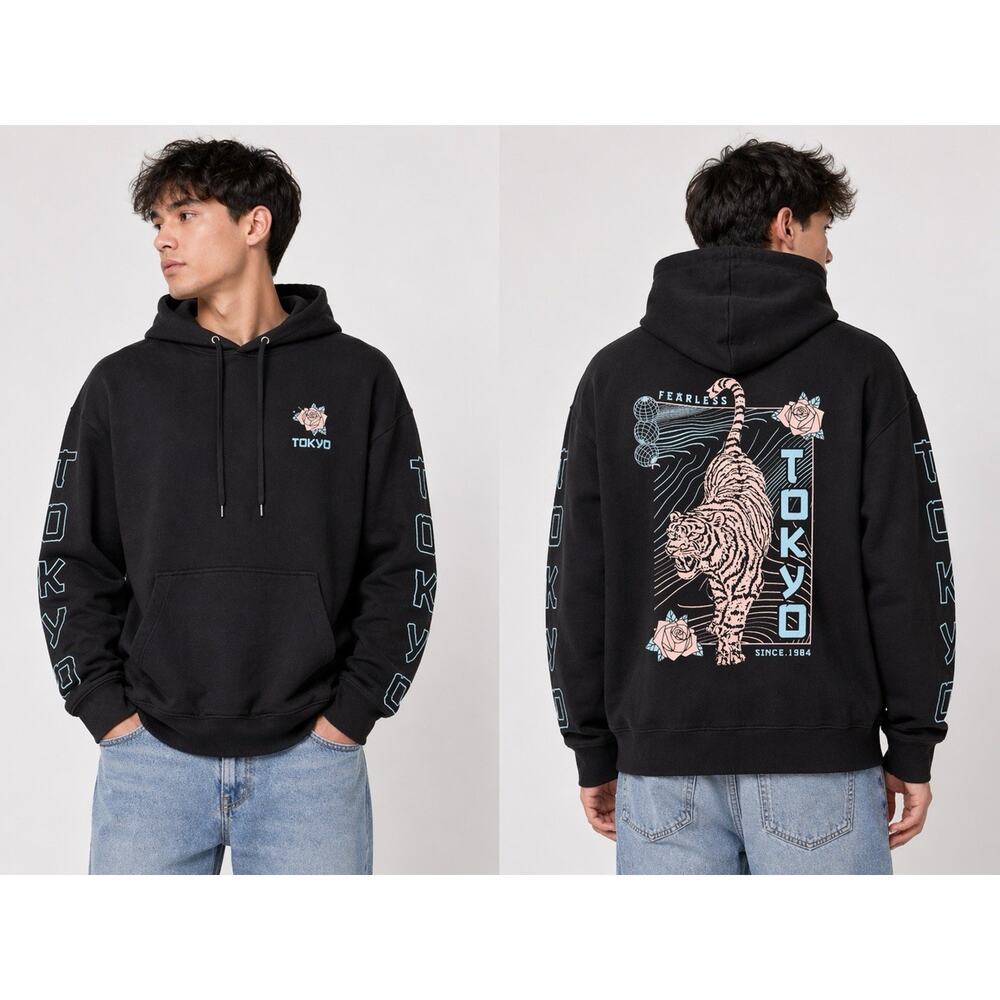 Tokyo Hoodie Graphic Tiger Streetwear Mens L Black Pullover Japan